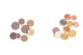 British Pound coins and Euro coins on white background Royalty Free Stock Photo