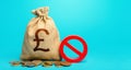 British pound sterling money bag and red prohibition sign NO. Confiscation of deposits. Termination projects. Monetary Royalty Free Stock Photo