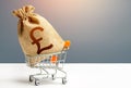 British pound sterling money bag in a shopping cart. Public budgeting. Profits and super profits. Minimum living wage. Economic