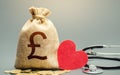 British pound sterling money bag and stethoscope. Health life insurance financing concept. Reforming and preparing for new