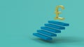 British pound sterling symbol stands at the top of the stairs against a light blue background. Minimalist style. 3D rendering.