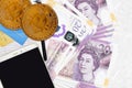 20 British pounds bills and golden bitcoins with smartphone and credit cards. Cryptocurrency investment concept. Crypto mining or