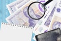 20 British pounds bills and magnifying glass with black purse and notepad. Concept of counterfeit money. Search for differences in Royalty Free Stock Photo