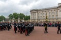 British Royal guards perform the Changing of the Guard in Buckingham Palace, London, England, Gre Royalty Free Stock Photo