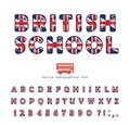 British school font. Great Britain UK national flag colors. Bright english alphabet for language courses or tourism design. Vector Royalty Free Stock Photo