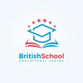 British School logo. Open book and graduation cap icon. Knowledge and education symbol. University, Library and