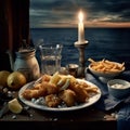 A crispy fish and chips on white plate Royalty Free Stock Photo