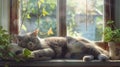 a British Shorthair cat lounging by a sun-drenched double-hung window, enjoying the warmth of the sun and the scenic