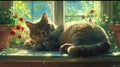 a British Shorthair cat lounging by a sun-drenched double-hung window, enjoying the warmth of the sun and the scenic