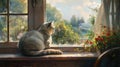 a British Shorthair cat lounging by a sun-drenched double-hung window, enjoying the warmth of the sun and the scenic