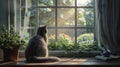 a British Shorthair cat lounging by a sun-drenched double-hung window, enjoying the warmth of the sun and the scenic