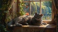 a British Shorthair cat lounging by a sun-drenched double-hung window, enjoying the warmth of the sun and the scenic