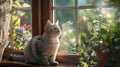 a British Shorthair cat lounging by a sun-drenched double-hung window, enjoying the warmth of the sun and the scenic