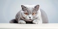 British Shorthair cat lying on white table Royalty Free Stock Photo