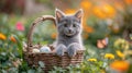 A British shorthair kitten sitting in a basket filled with eggs in a springtime garden, setting a festive Easter atmosphere