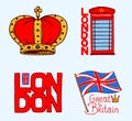 British, symbols, badges or stamps, emblems, architectural landmarks, flag of the United Kingdom. Country England label Royalty Free Stock Photo