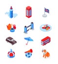 British symbols - modern colorful isometric icons set