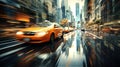 British taxi, black cab on city road, motion blur with beautiful lights reflection and focus on automobile