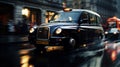 British taxi, black cab on city road, motion blur with beautiful lights reflection and focus on automobile
