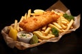 British traditional fish and chips with pea puree and tartar sauce