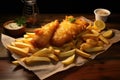 British traditional fish and chips with pea puree and tartar sauce