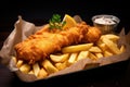 British traditional fish and chips with pea puree and tartar sauce
