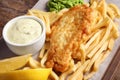 British traditional fish and potato chips on board, closeup Royalty Free Stock Photo