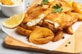 British traditional fish and potato chips on table Royalty Free Stock Photo