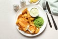 British Traditional Fish and potato chips on wooden background Royalty Free Stock Photo