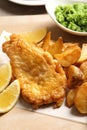 British traditional fish and potato chips on wooden board Royalty Free Stock Photo