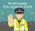 British traffic police officer stops the car and warning drivers to do not exceed the speed limit. Front view.