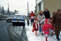 A British winters scene with parents and children walking to school hanham Bristol UK 1995