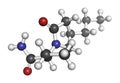 Brivaracetam anticonvulsant drug molecule. Used in treatment of seizures. Atoms are represented as spheres with conventional color