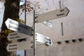 Brno, 09.10.2020 - Crossroad signpost saying WC, Exit, Ticket office and other, Spielberg Castle guidepost