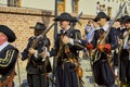 Historical reenactment Day of Brno. Infantrymen in historical costumes with muskets and other weapon march around the city