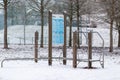Brno Czech Republic February 8,021 - Exercise set built in the park. Snow covered with fresh snow Royalty Free Stock Photo