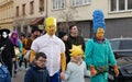 BRNO, CZECH REPUBLIC, FEBRUARY 29, 2020: The Simpsons Bart, Marge, Maggie, Homer, Lisa people masks gypsy action Carnival Masopust