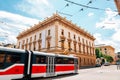 Brno Philharmonic hall and tram in Brno, Czech Republic