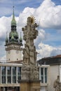 17th century Holy Trinity column on Cabbage Market and tower of Old Town Hall in the distance, Brno, Czech Republic Royalty Free Stock Photo