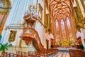 The scenic wooden pulpit of Cathedral of Saints Peter and Paul, on March 10 in Brno, Czech Republic
