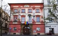 BRNO, CZECH REPUBLIC - MAY 2023: - Holy Trinity Column and Hus Theater ,Divadlo husa na provazku , at Cabbage Market Square ,Zelny