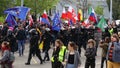 BRNO, CZECH REPUBLIC, MAY 1, 2017: March of radical extremists, suppression of democracy, against European Union, police riot