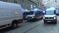 Brno, Czech Republic, May 1, 2019: Police cars with blue beacon warning light. March of radical extremists, suppression