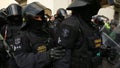 BRNO, CZECH REPUBLIC, MAY 1, 2017: Police riot unit oversees, Demonstration of radical extremists, against European Union