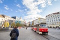 Tatra tram from the Brno public transportation passing by the namesti svobody square in the city center, it is a major landmark