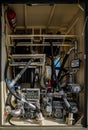Brno, Czechia - October 08, 2021: Gas or fuel meters and pipes inside military refuelling track, closeup detail from presentation
