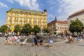 BRNO, CZECHIA - SEPTEMBER 7, 2021: Fountain at Namesti Svobody (Freedom Square) in Brno, Czech Republ