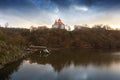 The Brno dam and above it rises the Veveri castle. Beautiful dramatic sky with autumn trees on the slopes Royalty Free Stock Photo