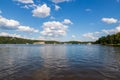 Brno Dam Czech Republic Europe. Water surface and dam. In the background is the housing estate Bystrc and Kohoutovice. The sky is