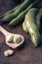 Broad Beans on a wooden Table with Spoon Royalty Free Stock Photo